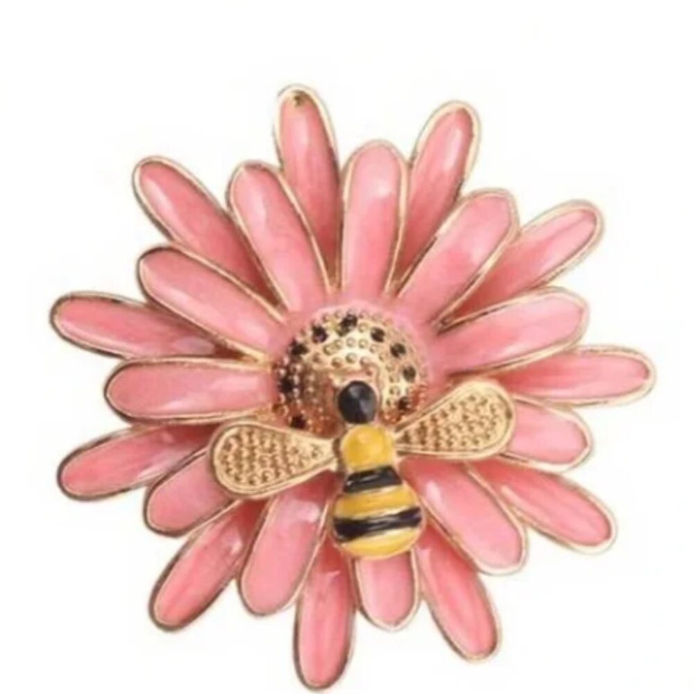 New Pink Enamel Daisy Flower Bee Brooch Gold Tone Vintage Style Pin